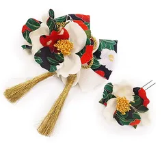 髪飾り 成人式 振袖 袴 2点セット オフホワイト 赤 緑 大人 浴衣 かんざし 簪 卒業式 フォーマル 結婚式 花飾り つまみ細工 リボン ちりめん ブライダル W65 髪飾り 304-390 白 n738　WSi