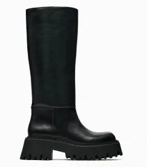 厚底ロングブーツ レディース 黒 PUレザー ゴツめ ソール 美脚 秋冬 ロングライダーブーツ