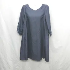 ◇ ⊇ POUR VOUS 花柄レース バックプリーツ加工 長袖 膝丈 ワンピース サイズM ネイビー レディース E  【1410100027552】