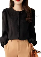 Four leaf 華やかな刺繍xエレガント トップス ブラウス シャツ 長袖 レース レディース ノーカラー パフスリーブ バルーン袖 バルーンスリーブ シャツブラウス ゆったり(ブラック,  2XL)