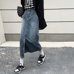 ボトムス ハイウエスト ロングスカート デニム 美脚 足長 可愛い スタイルアッ