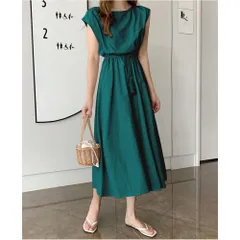 ☆ グリーン ☆ Lサイズ ☆ ワンピース lydress02 ワンピース ノースリーブ レディース ワンピ ラウンドネック ミドル丈 リボン コットン 無地 綿 ひも 紐 シンプル カジュアル 通学 通勤 かわいい おしゃれ