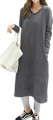 Ptika あったか ワンピース レディース ロング 裏起毛 ゆったり ルームウェア 無地 秋 冬 秋冬 グレー Vネック( グレー（Vネック）,  L)