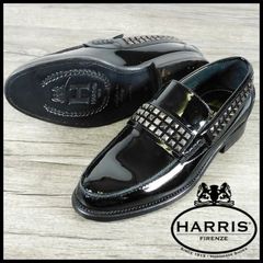 未使用 HARRIS ハリス スタッズ パテントレザー シューズ 39(24.5cm) 黒 イタリア製 革底 シューズ ローファー メンズ