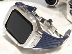 ネイビーシルバー　バタフライバックル　メタル ラバー カスタム apple watch ケースカバー　45mm 44mm用 ベルト　バンド　アップルウォッチ