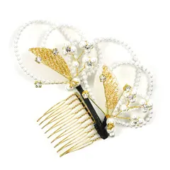髪飾り コーム型 ラインストーン パール ゴールド 白 キラキラ ラメ リーフ 葉 円 丸 サークル 小さい かんざし かわいい 粋 No.9-3385