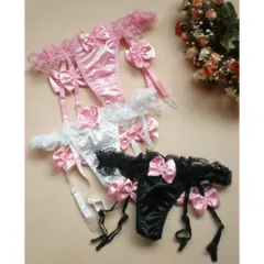 ガーター付きショーツ ランジェリー 下着 ガーターベルト フリル リボン セクシー パンツ  黒黒P_1