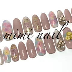 現品限りフルサイズネイルチップ ピンクベージュ＆フラワーネイルチップ ハンドメイド ロング ジェルコート済 春ネイル 全サイズ