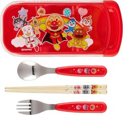 レック アンパンマン 抗菌 スライド 3点セット (フォーク スプーン 竹箸) レッド