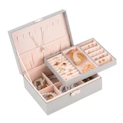 【数量限定】Smileshe ジュエリー ボックス 大容量 2段 ジュエリー収納 宝石箱 女性 2層ジュエリーケース アクセサリーケース アクセサリー 収納 オーガナイザー 分割 取り外しトレイ付き 小物入れ 着脱式の仕切り付き リング ピアス・指輪・イヤリン