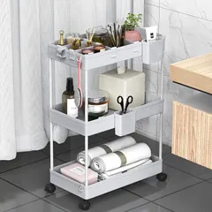 SPACEKEEPER キッチンワゴン 隙間収納 スリム 22cm 収納カップ 仕切板付き 多機能 小物 食品 調味料 キャスター付き 組立簡単 浴室 台所 冷蔵庫横 3段 グレイ 1