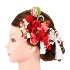 髪飾り 成人式 つまみ細工 赤 振袖 前撮り 袴 花 3点セット ピンク 白 ゴールド ちりめん 房 房付き 玉飾り かんざし 日本製 No.9-5127