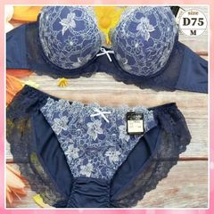 ★D75/M☆美胸ブラ＆ショーツセット 丸胸 ナチュラルバストメイク チュールレース  フラワー刺繍 紺