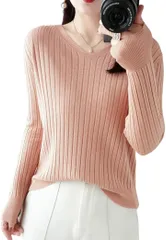 グリーンパキラ セーター レディース 秋冬 リブニット トップス vネックセーター 長袖 カットソー 春 オフィスカジュアル レディーストップス 女性 ブイネック(ピンク,  L)