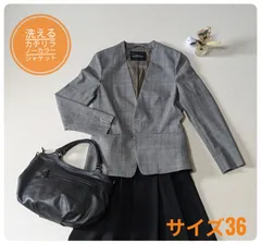 【洗える】グリーンレーベルリラクシング　ノーカラージャケット　カチリラ　セレモニー　オケージョン　グレンチェック柄　サイズ36　Ｓ相当