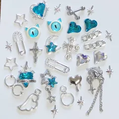 No.246　サブカル　界隈　青　水色　シルバー　安全ピン　目玉　ネイルパーツ　まとめ売り
