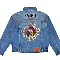 EVISU HERITAGE エヴィス エビス ヘリテージ 達磨 ダルマ 刺繍 億万円 小判 打ち出の小槌 七転八倒 東京 大阪 お札 縁起物 バックプリント オーバーサイズ デニム ジャケット Gジャン ミドルウォッシュ M 日本未入荷 フランス パリ限定