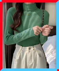 新品 タートルネック ニットトップス 袖口ボタン 無地 タイトトップス 通勤通学 着やせ ニットソー 【送料無料】