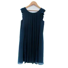 アクシーズファム axes femme ワンピース ラウンドネック ノースリーブ ひざ丈 フリル レース 切替 M 青緑 ブルーグリーン /HO35