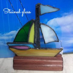 新作ステンドグラスヨット可愛いインテリア夏海