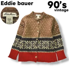 【美品】 【人気】 90sヴィンテージ エディーバウアー Eddie bauer バーズアイ ノルディック柄 アルパカ混ウール ニット カーディガン セーター M レディース ♪