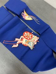【美品】名古屋帯 鮮やかな青地 扇と矢羽根文様 仕立て上がり