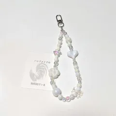 ホワイトビーズハンドストラップ／ハート白