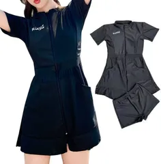 RONGUI フィットネス水着 レディース 体型カバー ワンピース セパレート タンキニ 2点セット 黒 半袖( ブラック,  M)