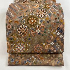 D9 美品 夏物 羅 幾何学模様 黒 白 正絹 全通 薄物 松葉仕立て名古屋帯 名古屋帯 美品 優品 夏帯 絽 八寸名古屋帯 松葉仕立て 草花 幾何