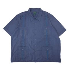 【2XL】古着 キューバシャツ 半袖 刺繍 ライン ビッグサイズ 民族衣装 ブルー