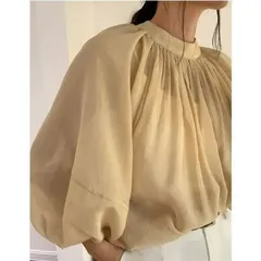 【開店特典！タイムセール】袖 ぽわん ブラウス 重ね着 レイヤード 半袖 バックリボンウン シャツ パフスリーブ バルーンスリーブ トップス レディース チュニック きれいめ シンプル 体型カバー 透け感 グリーン 黒 夏ドネックバルーン パフスリーブトップス