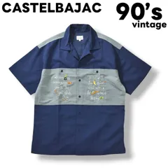 90sヴィンテージ カステルバジャック CASTELBAJAC 刺繍デザイン ポリノジック リネン オープンカラーシャツ ループカラー カジュアル アメカジ ストリート モード 開襟 アロハ 3 ネイビー メンズ