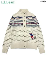 古着 L.L.Bean エルエルビーン スキー ハイネック 総柄 ノルディック柄 ラムウール100％ 長袖 ニット カーディガン ベージュ (ttu2411100)