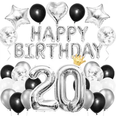 【在庫処分】20歳 バースデー 飾り バルーン 風船 セット 数字バルーン HAPPY BIRTHDAY ガーランド 紙吹雪風船 誕生日 お祝い 記念日 サプライズ 男女兼用 シルバー＆ブラック Iysoll