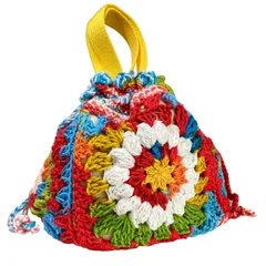 かわいい手編みトートバッグ 巾着 新品 ハンドメイド リバーシブル かぎ針編み クロシェ 一点物 カラフル コットン糸またはアクリル糸を使用 YT