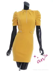 マスタードイエロー [AOC3634-M-S2403]【an/アン】ストレッチ/ ハイネック/ フロントジップ/ 半袖/ 袖あり/ タイト/ ミニドレス/ キャバドレス/ ワンピース