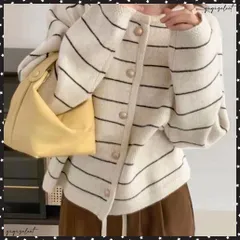 細ボーダーニットカーディガン レディース長袖秋冬 ニットトップス ドロップショルダー 韓国ファッション カジュアルきれいめ 羽織り 前開きニットセーター レトロニットアウター 秋 ボーダー柄トップス クルーネックニット