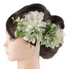 髪飾り 成人式 振袖 前撮り 袴 花 緑 白 リボン リーフ 葉 パールビーズ 大きい 小さい 2点セット 着物 和装 かんざし コーム No.9-5567