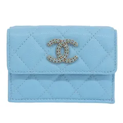 シャネル CHANEL ココマーク スモールフラップウォレット キャビアスキン ラインストーン ライトブルー AP3397 美品 新入荷 CH1002