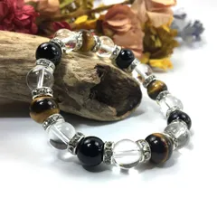タイガーアイ×水晶×オニキス パワーストーン ブレスレット 10mm（シルバー）メンズ・レディース 男性・女性 数珠ブレス 開運   [c]