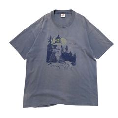 【2XL】90s USA製 ナス紺 サンフェード Anvil Tシャツ 灯台 アート シングルステッチ ヴィンテージ ネイビー ビッグサイズ