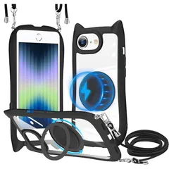 【新品】 iPhone SE3 SE2 【第3/2世代】 ケース iPhone7/8用 ケース クリア MagSafe対応 360度回転スタンド リング付き PC背面 + TPUバンパー ネック ショルダー カバー 肩掛け 首掛け 斜めがけ 紐付き 韓国  1