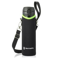 【新品】 BottlePit 水筒カバー 500ml ショルダーストラップ 付き（ブラック/グリーン） 0