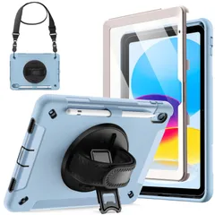 【数量限定】保護耐衝撃頑丈なタブレットカバー ケース（10.9インチ、2022モデル、第10世代用）液晶保護フィルム付き 360度回転ハンドストラップスタンド 10 iPad (ブルー) JEDirect