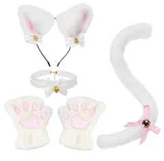 【特価セール】カチューシャ 肉球手袋 尻尾 チョーカー 猫耳 鈴付き やわらかい ハロウィン コスプレ Sucodver 小物 4点セット (ホワイト)