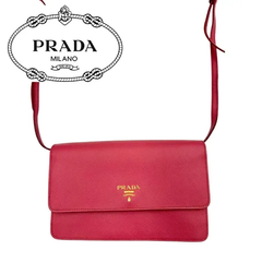 【中古良品】PRADA プラダ サフィアーノ ショルダーウォレット 長財布 ショルダー ポシェット クロスボディ バック ピンク レザー BT1019