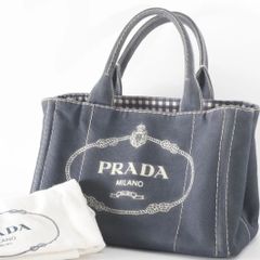 PRADA　プラダ　カナパ　ハンドバッグ　トートバッグ　ネイビー　白ステッチ　チェック柄　キャンバス　ゴールド金具　メンズ　レディース　保存袋付き