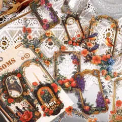 ST659 額縁 フレーム 額 枠 花 蝶 鳥 果実 PET コラージュ素材 コラージュ シール ステッカー 紙もの 手帳 日記 海外 紙モノ 紙物