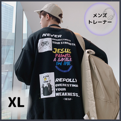 韓国ストリート　バックプリントトレーナー　スウェット　裏起毛　暖かい　ＸＬ　黒