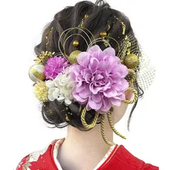 [JZOON] 成人式 髪飾り【10色展開】 ドライフラワー ダリア あじさい かすみ草 造花飾り ヘアアクセサリー 和玉 赤 ゴールド 水引 ヘッドパーツ 振袖 着物 卒業式 七五三 浴衣 袴 結婚式用 手作り 専用ケース付き Y3334 紫